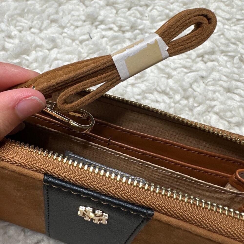 Mark & Hall Brown Black Faux Suede Faux Leather Long Zipper Wallet Wrist Strap - Picture 3 of 4